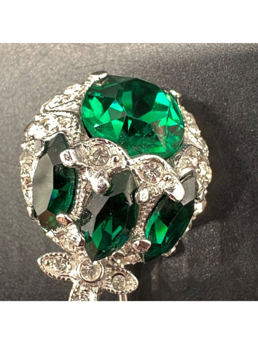 Vintage Eisenberg Ice Floral Brooch Pin Green Clear Rhinestone Silver Tone Retro - Picture 9 of 12